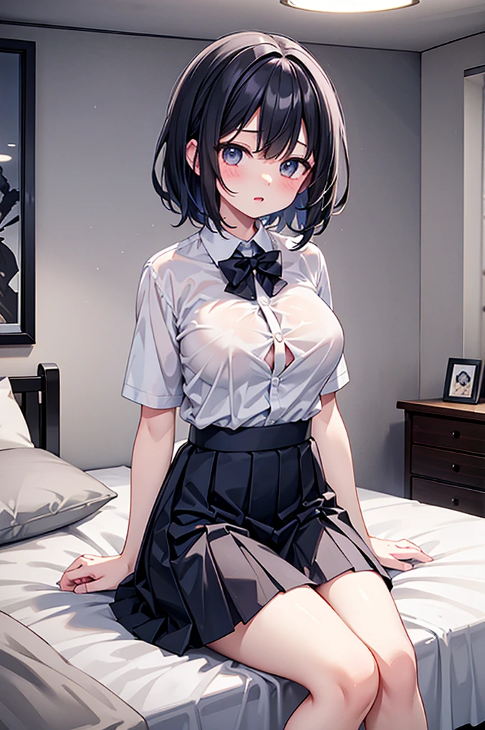 Erotic、Dimly lit bedroom、Esthetician woman、Black Hair、The woman is standing and her white panties are visible、Wearing a skirt、Pull up your skirt、Showing panties