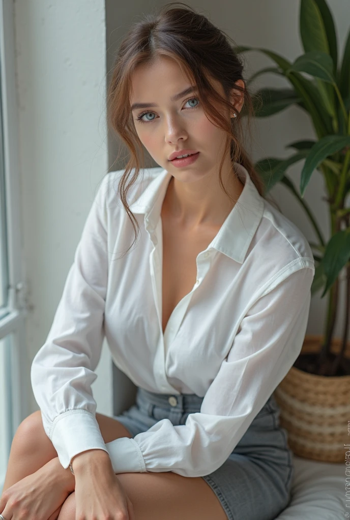 photo of beautiful (jcl3m3nts-120:0.99), a woman with perfect hair, wearing Navy Blue (Boxy Shirt, Culotte Skirt:1.1), (plain background:1.1), modelshoot style, (extremely detailed CG unity 8k wallpaper), professional majestic photography, (Leica M6 Camera), 24mm, exposure blend, hdr, faded, extremely intricate, High (Detail:1.1), Sharp focus, dramatic, soft cinematic light, (looking at viewer), (detailed pupils), 4k textures, elegant, ((((cinematic look)))), soothing tones, insane details, hyperdetailed, low contrast