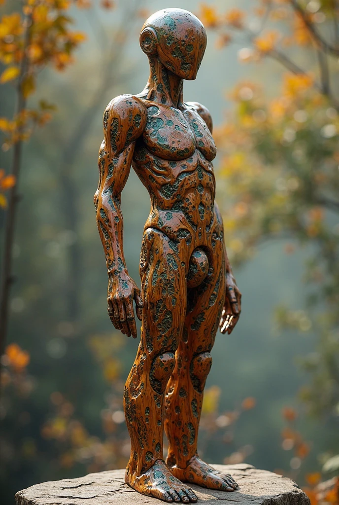 Aron Demetz, Master of Arts,Woodcarving,Portrait charcoal sculpture,Openwork body,Empty body,whole body,Light and Shadow,Wood texture,Mushrooms growing on the sculpture,Black charcoal,root,Red background