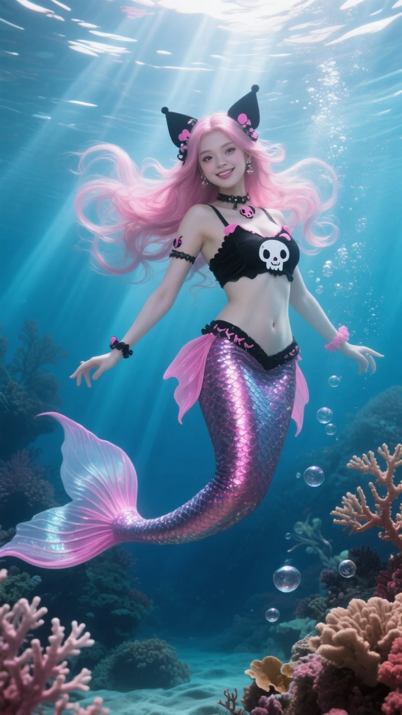 There was a regal mermaid, her tail shimmering with iridescent scales, gracefully seated upon a weathered rock. Embodying the essence of mermaid aesthetics, this beautiful serene creature exuded an ethereal aura, as if plucked straight from the pages of a captivating mermaid tale. Her smile, radiant and captivating, was reminiscent of the Queen of Mermaids herself. Atop her head, a delicate crown crafted from coral and embellished with pearls and shells gleamed in the soft light. This portrait of a mermaid, a masterpiece in its own right, was rendered in an astonishing