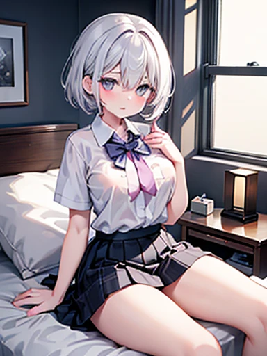 absurdres, RAW photo, extremely delicate and beautiful, masterpiece, Best Quality, ultra high resolution, 32k, hyperrealistic, ultra-detailed, ((perfect anatomy)), super Detailed skin, perfect figure, Very detailed CG 8k wallpaper, in her 20s, very small head, very small face, delicate facial features, tearful mole, earring, very huge round breasts, full body shot, shorter middle hair, wavy hair, ((school uniform)), bedroom,