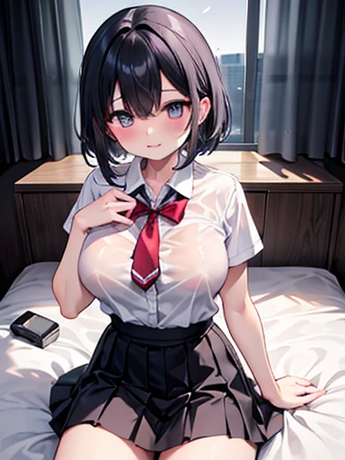 (8K、生photograph、highest quality、masterpiece:1.2),(spread your legs wide,spread your legs wide),(long bob cut),looking at the viewer,Looking at the front,strong,erotic,student,Light green Bra,white skin,knees,(black pantyhose),absurd,small face,前hairを真ん中から分けます、I can see the forehead,(please be shy,きついeye,glare,strong,skinny,skinny,I get irritated)、masterpiece,highest quality、超A high resolution,raw panties,only,beautiful feces,one person, one personで,whole body、cute、Return to student,jk ,high school girl,japanese woman,Are standing,(Photoreal:1.37)、photon mapping,realistic、cutesmall face,茶色のeye、black socks、(red bow tie)、radio city、物理ベースのonlyダリング、prospect、written boundary depth、blurred background、photograph,girl、body,beautiful feet, long legs, thin legs,Tie your hair into one strand on your chest,(前hairが見える), hair, lips, green_eye, soft nose,(light blue shirt), (navy, Blue and white plaid pleated skirt), kneesが見える,thin clothes,, thigh, black cotton socks,Nogizaka Idol, , Japanese ID card、big and full breasts、cleavage、Unbutton your shirt and expose your chest、(Detailed shape of a woman'Private parts are clearly visible: 1.4), masturbation girl,whole bodyphotograph、lift up the skirt yourself、super fine、low person、No panties、No panties、No bra、No bra、No pubic hair、genitals are wet、on the hotel bed、dim room、Black kneese-high stockings、Black kneese-high socks、
