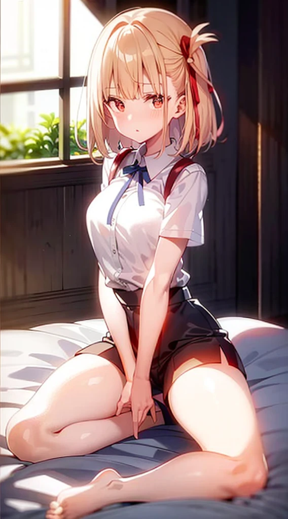 
Random pose、spread your legs、pale chestnut hair、short hair、Red eyes、Red ribbon、Blushing、I can see her pantie-shaped legs、School classroom.
Random pose