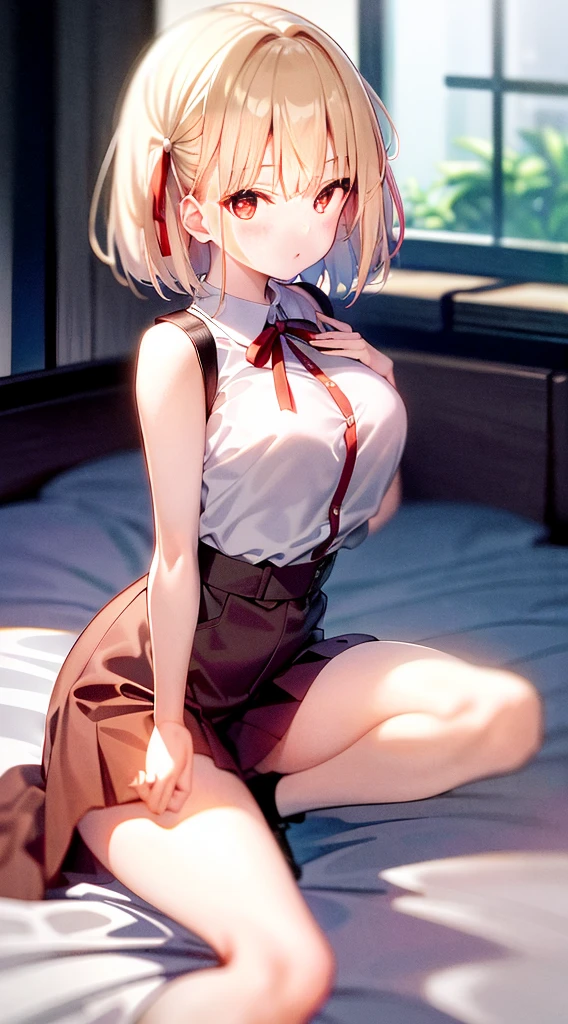 1 girl,highest quality,Super high quality,highest quality,anime characters,beautiful eyes,Detailed contours,big breasts,spread your legs,messy hair,from directly above,sweat all over,bronze hair,beautiful big breasts,I&#39;m climaxing,Delighted,Nipples seem to be visible but not visible,,on the bed,white Y-shirt,school uniform,Exposed shoulders,Angle from above,upper body only,Topless,Nipples are fully visible,Full view of pussy,smile,spread your legs,Kikyo Kushida,short hair,white hair band,white mini skirt,Red Blazer,