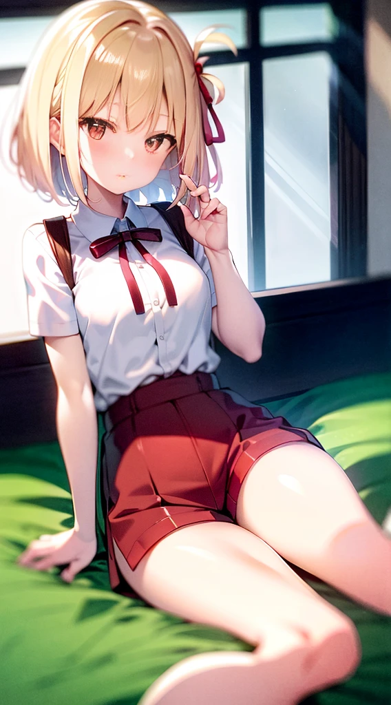 
Random pose、spread your legs、pale chestnut hair、short hair、Red eyes、Red ribbon、Blushing、I can see her pantie-shaped legs、School classroom.
Random pose