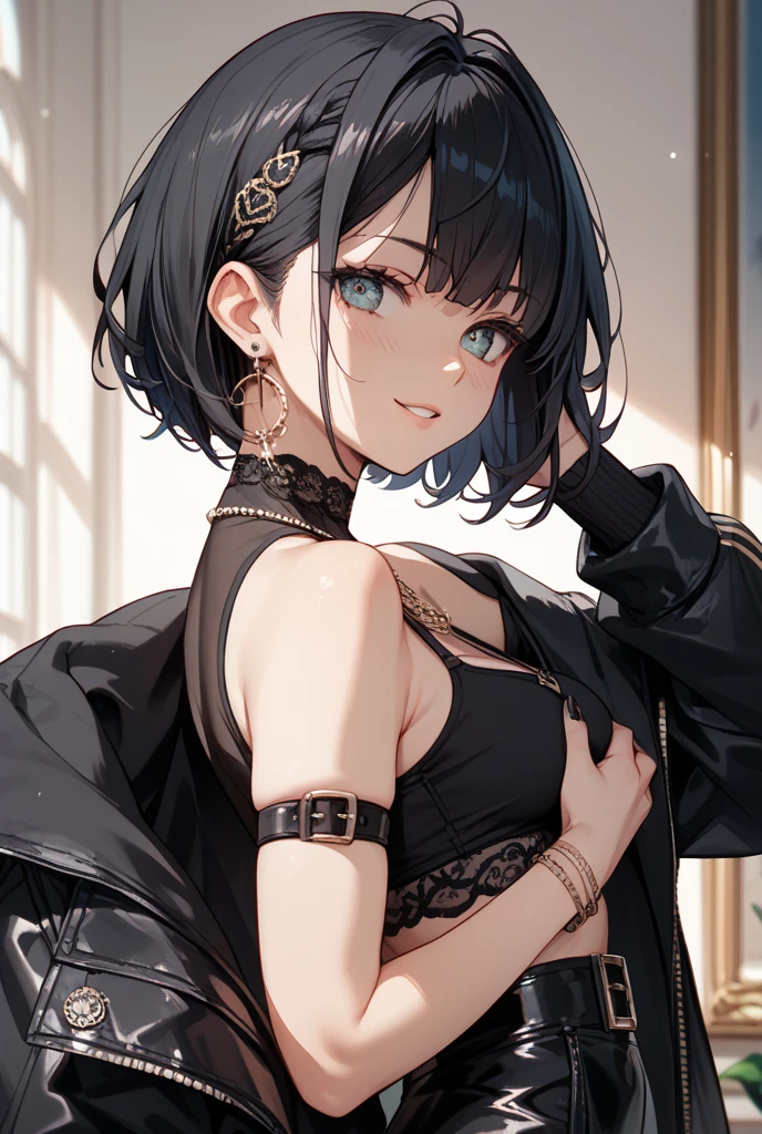 Black hair anime girl,Cat girl , Detailed fanart, by Kamagurka，Wolf tail（Supermarket： 1）， in the afternoon， Doctor's suit， Short hair with light brown fringes， Light brown eyes， 1 rapariga， Innocent， （realisticlying）， （complexdetails： 1.2）， （tmasterpiece， ： 1.3）， （best qualtiy： 1.4）， （hyper HD： 1.2）， hyper HD， （Detailed eyes）， （detailedfacialfeatures）， hdr， 8K分辨率， （ Extremely realistic CG images showing you bending your knees and spreading your legs in a sitting position， Even the smallest muscles and skin texture））），（underboobs exposed：1.3），（（cropped shoulders：1.2）），（（with her mouth open：1.5，White teeth，Crisp smile）），（Medium chest），（lens flare glow：0.7），back to look back，Busy with inspection reports，on the face，drshe，