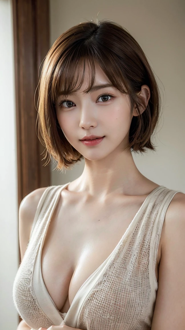 (masterpiece:1.3), (8K, Photorealistic, Raw photo, Best image quality: 1.4), Japanese schoolgirl、(Random Hairstyles:1.2)、Cleavage:1.2、Super detailed face、Attention to detail、double eyelid、Put your chest together、Sharp focus:1.2、Beautiful woman:1.4、Light brown hair、Highest quality、masterpiece、Ultra-high resolution、(Photorealistic:1.4)、Highly detailed and professionally lit smile、Loose, lightweight knitwear、Shoulder out、thin、Serious expression、Short-haired、Deadly position、In underwear
