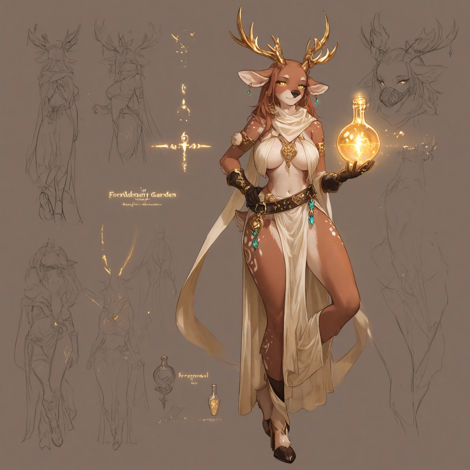 ((masterpiece)),(((best quality))),(((character design sheet,same character,front, side, back)),illustration, full body art with feet visible of a druid girl with deer horns in a cute dress, intricate detailes, cute pose, standing on one leg, flat white background
