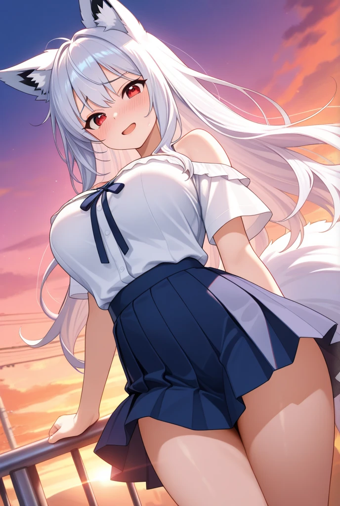 (masterpiece:1.2), (best quality:1.2), 1girl, medium breasts, black ribbon, white hair, long hair, high ponytail, crystal necklace, blue pupils, smile, looking at viewer, white dress, white stockings, black thong,
 <lora:windLift_v11:1>, wind lift,
on the top of mountain,