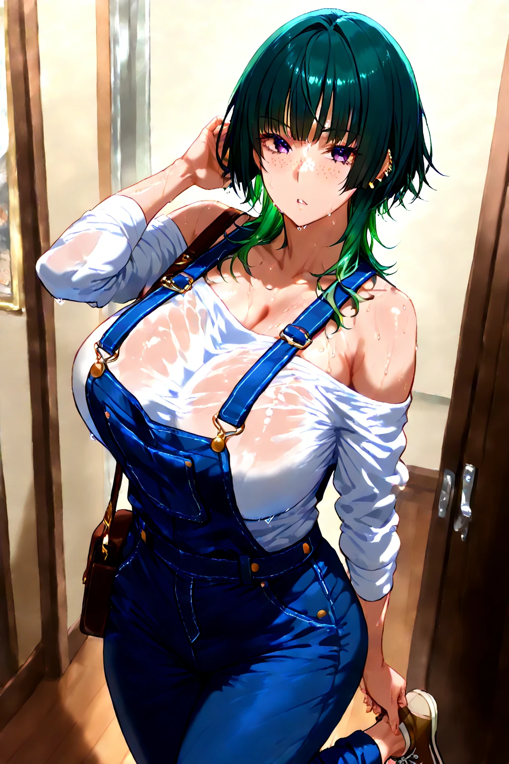 Cute girl, short light green hair, big breasts, Fitini overall jeans