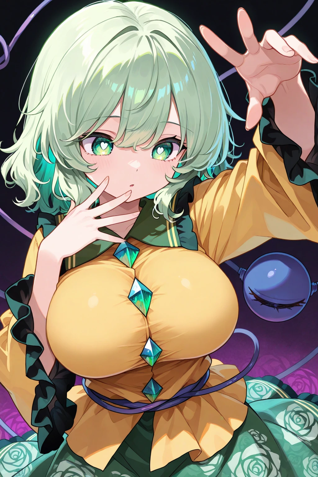 highest quality, masterpiece, (lean forward:1.4),
1 girl, green hair, purple eyes, spirits, Big horns、cleavage, big breasts, short hair, chest apart, enchanting smile、sagging breasts、, pants, I can see my shoulders, (blush:1.1), Japanese style appearance,
whole body、front、M字spread legs、Kannon opening、pants、big butt、spread legs、large amount of white liquid、white liquid on chest、dripping 、open your mouth wide、