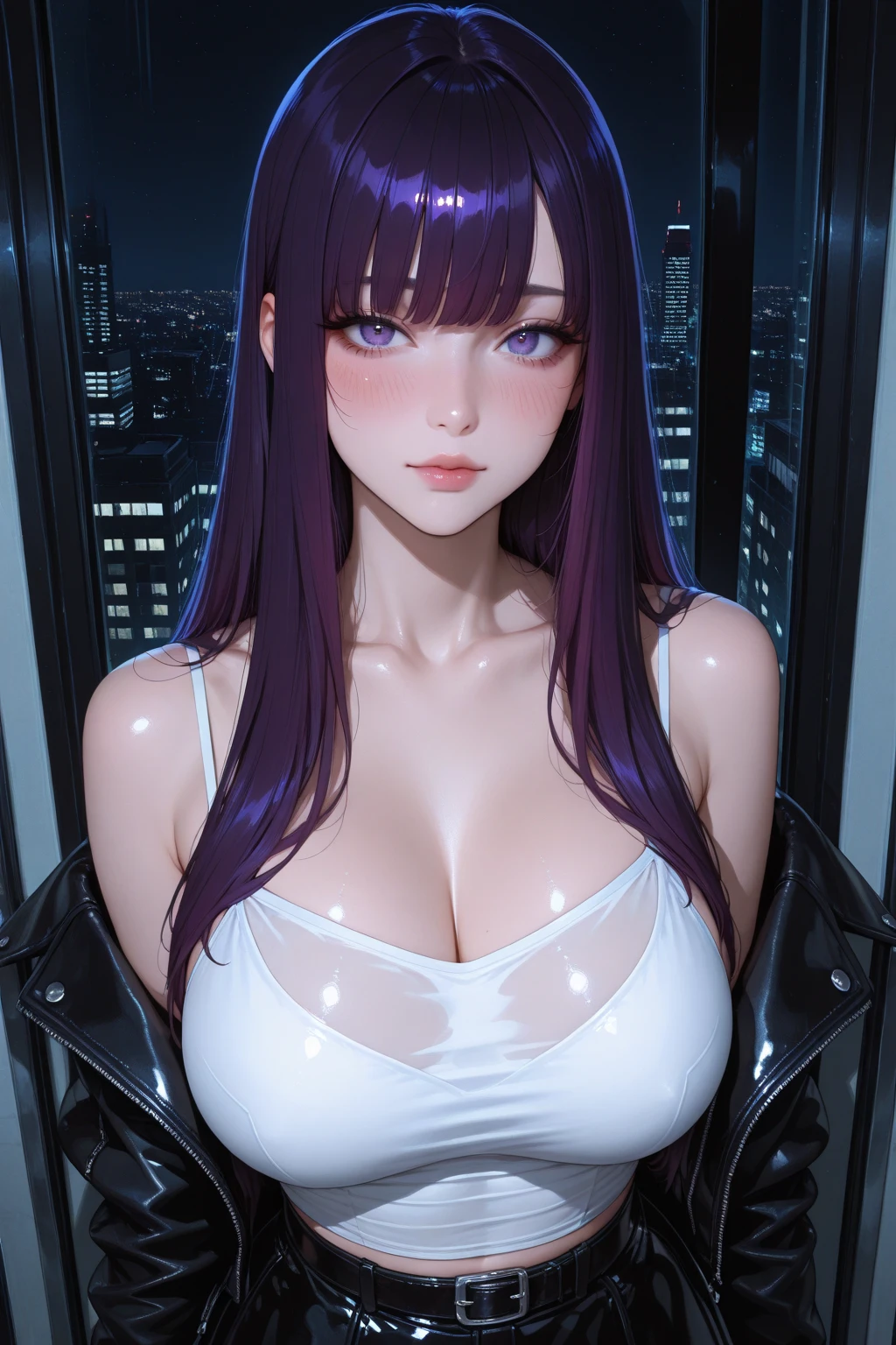 (Highest quality: 0.8), (Highest quality: 0.8), Perfect anime illustration, Close up portrait of beautiful woman walking in city。Very long purple hair、Large Breasts、赤面したRed eyes。 (((Browsing Caution))) Transparent white dress、Neon night city、Ultra-detailed、Ultra-detailed顔、Bright Eyes、Galaxy in the eye、Absurdな4kフルHD、pixiv Top、Very well done、Red eyes、Download file、Huge areola、erection (Love Juice 1;4) Absurd