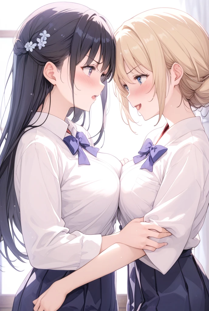 (two women:1.6),(touch each other's breasts:1.6),best quality, highres,Slender、blue eyes、tall、brown hair、shortcut,straight hair、School、classroom、22 years old、(white camisole:1.5)、(black skirt:1.3)