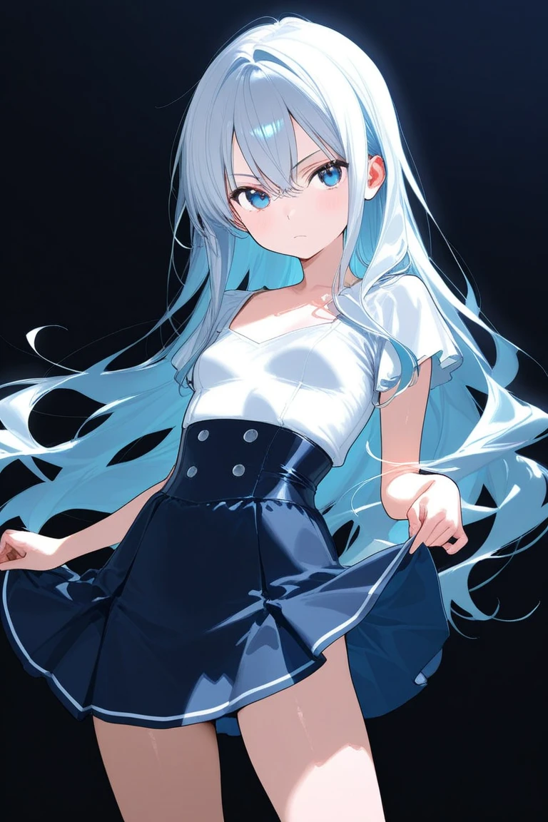masterpiece, Full HD, 8K, best quality, depth of field, best generating, 1girl, beautiful girl, cute girl, beautiful and pretty girl, slim body, medium breast, grey hair, long hair, ahoge hair, straight bangs and braids hair, gradient hair, grey and blue gradient hair, beautiful blue eyes, deep blue eyes, white seifuku, black skirt, white long socks, open mouth, at classroom, blackboard, bokeh