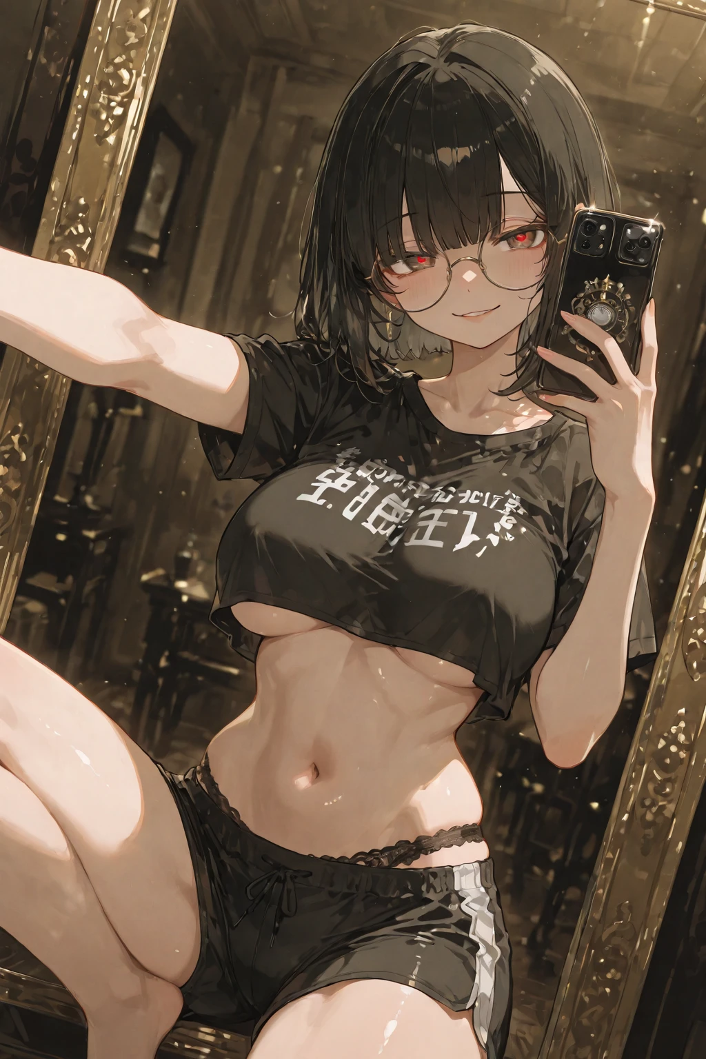 (8K、Highest image quality、highest quality、masterpiece)、detailed face、1 girl、black hair、very short hair、gray eyes、earrings、expression、small breasts、gray sports bra、gray sports panties、cowboy shot、have a cell phone、selfie、mirror、bedroom background