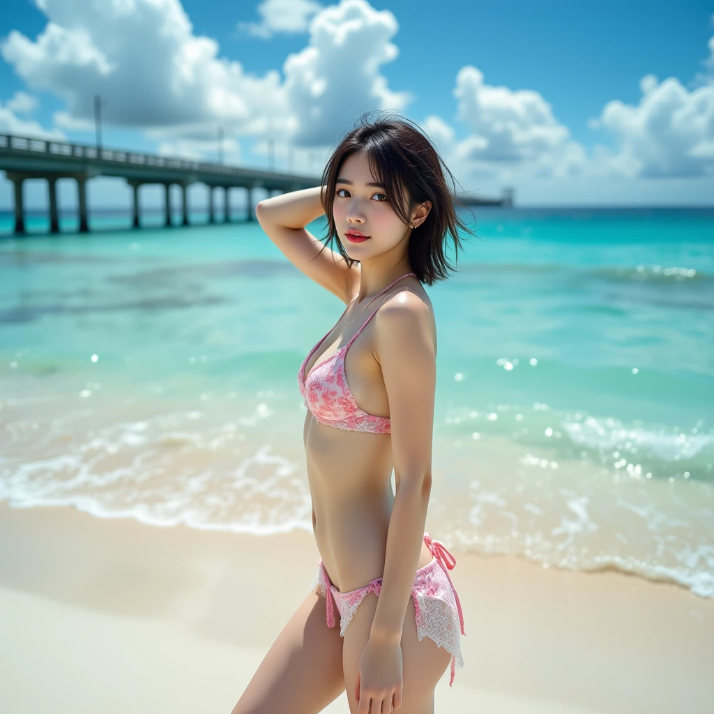 8k、Raw photo、highest quality、Japanese person model、Young Sensual Gravure Idol、A young and cute gravure idol、リアルなYoung Gravure Idol、Real fleshy gravure idol、Young Gravure Idol、A sophisticated gravure idol、Yoshitomo Nara、Young and skinny gravure idol、The most beautiful Asian girls of all time、Hibiscus Sprint Bikini、Beach、Blur the background