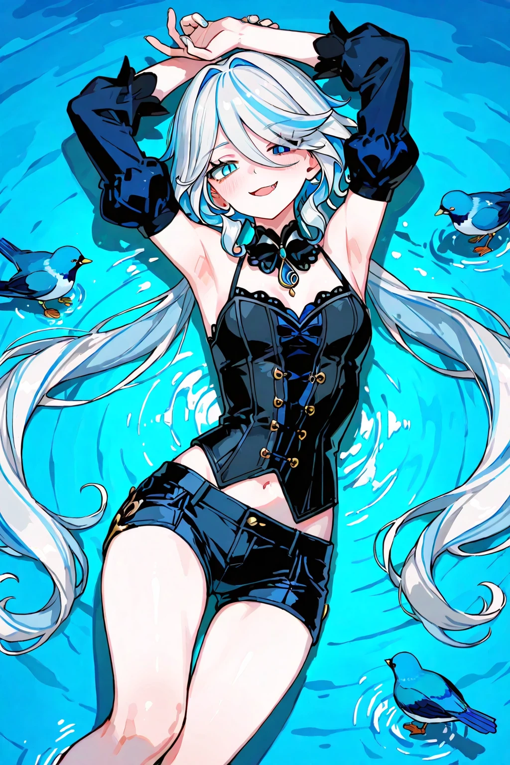 (Super detailed、Ultra-high resolution、8K masterpiece、Vibrant colors)、((Flat Color))、((Floating water))、Night Coast、Colorful Light、 A woman in a sexy swimsuit、(Angle from below）、(Silver chain body jewelry)、Kneeling、Random Sexy Poses、 ((body paint、Pop tattoo on thigh))、Big Breasts、 (Tight swimsuit、choker）、cameltoe、Beautiful hip line、Butt、 (Twin tails、Vermilion, blue, silver, golden hair、hair ornaments)、Beautiful blue eyes、Beautiful red lip、（Reluctant、Bad mood）、TWICE&#39;s Tzuyu&#39; on pause