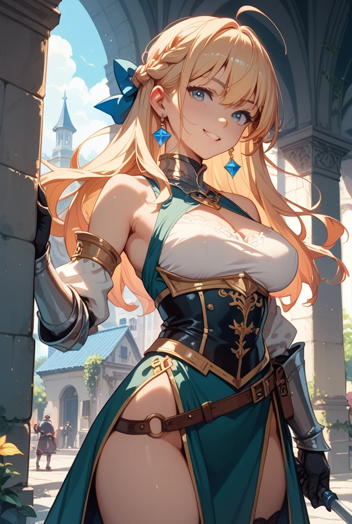 RAW, professional photograph, medium shot, photorealistic, hyper-realistic, ray tracing, super detail, UHD, 8k, female elf, twenty years old, goddess, athletic body, soft facial features, blonde hair, long hair, straight hair, blue eyes, golden armor, long sword in hands, battleland