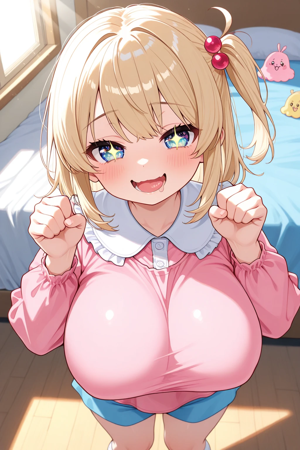 (best quality), (Super detailed), (Best Illustration), (nsfw), (1woman), (Ahegao:1.2), look at viewer, (white and pink shirt), (Big Breasts:1.2), {brown hair, (bob cut:1.2), curly hair, hairs between eyes}, {(detailed eyes), heart-shaped pupils, blue eyes}, sweat, steam, girl trembling with sexual climax,earrings, white hairband