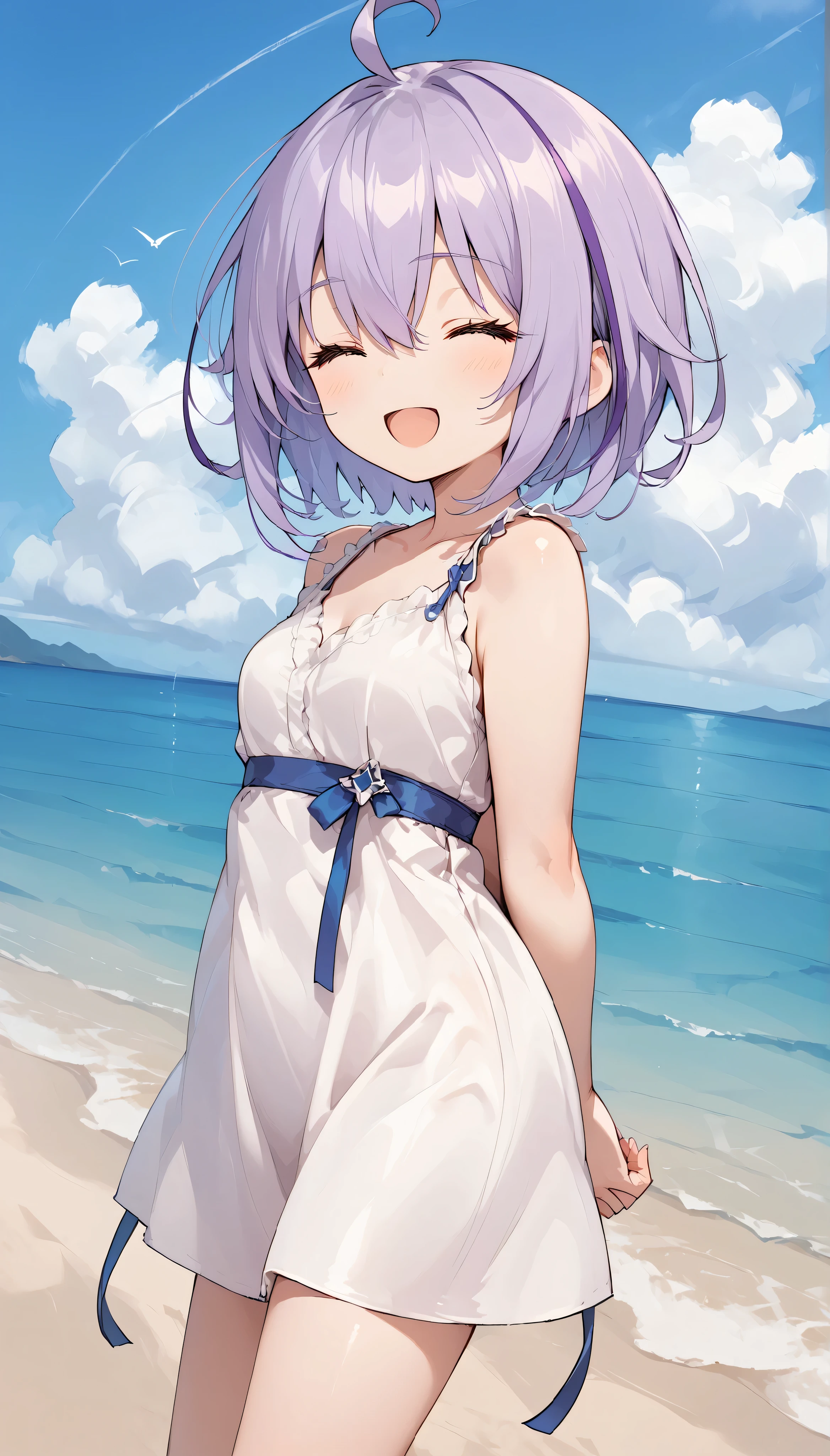Purple hair,side locks,ahoge,multicolored hair,short hair, closed eyes, 　solo, I can see my eyebrows from the inside of my hair, hair between eyes,　hair between eyes,　 is embarrassing, masterpiece, Best Quality, very aesthetic, thick thighs, Wide pelvis,  sleeveless white dress,  breasts, 　outdoor, sea, beach, smile, from side, look at viewer, open mouth, arms behind back,