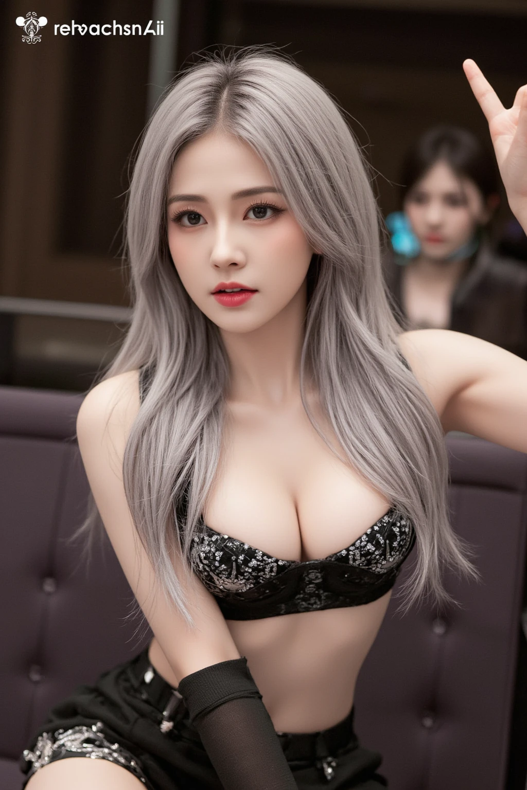 ((Highest quality、8K、masterpiece、Realistic live action：1.3))、Sharpness：1.2、Perfect body beauty：1.4、Slim Abs：1.2、DJ SODA style , DJing at a club、Long silver hair、Big Breasts、Cleavage、Big eyes、False eyelashes、nail
