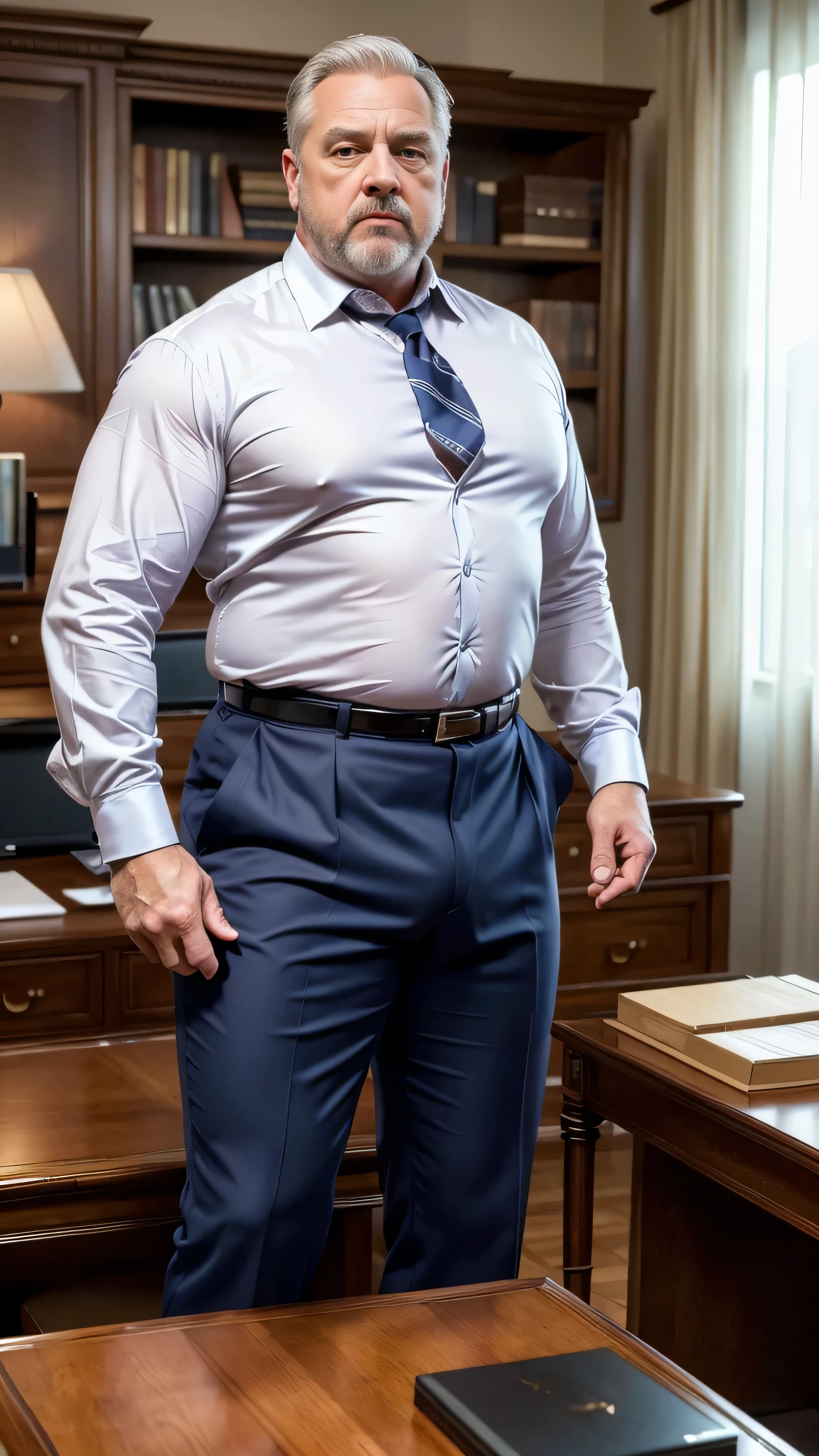 (best quality,4k,8k,highres,masterpiece:1.2), age 60, white man sheriff , horny disgusting, muscular chubby, kind, open red silk shirt , mature daddy, Dress Pants with big bulge, hairy chest hard nipple, belt, loafer,