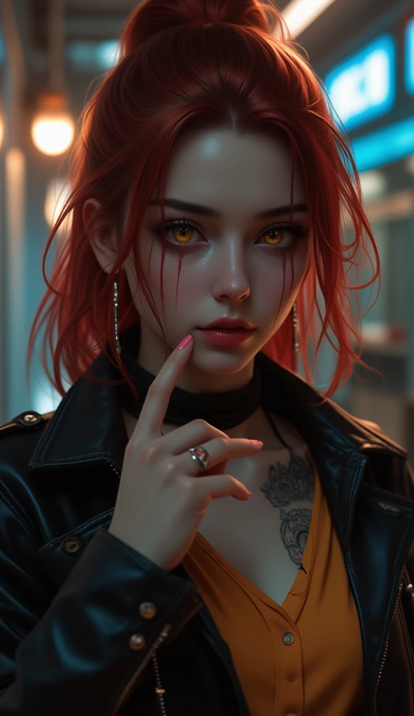 1 woman, inside a city at night, wearing a white blouse and a black leather jacket over it, feminine yellow eyes, dark detailed skin, large breasts, hoops in her ears, long messy red hair, dramatic lighting, cinematic composition, dark palette, small elf ears, dark colors, atmospheric fog, thin chin, soft face, serious face, beautiful woman, adult woman, ultra realistic, adult woman (best quality, 4K, 8K, high resolution, art: 1.2), ultra detailed (realistic, photorealistic, photorealistic: 1.37)