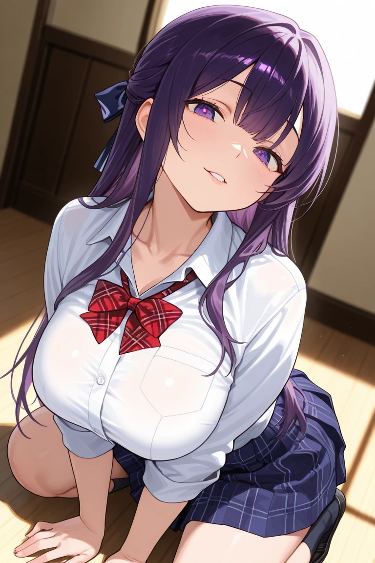 Best Quality, Highly Detailed, nsfw:2,dark purple hair,long hair,(panty focus:1),from below:1,(flat chest:1),(small breast:1),(Skirt lifted:2),white panty:1,Embarrassed face、Casual wear、Winter clothes、snow、night、Grab the skirt with your hands