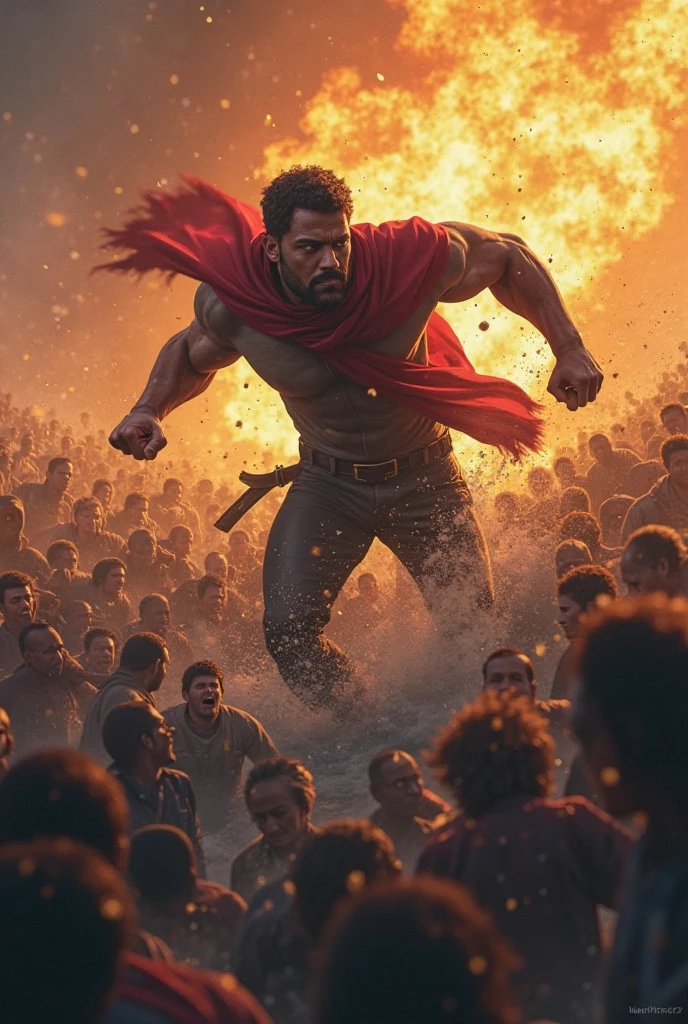 Create a dynamic and inspiring poster featuring a strong, heroic Indonesian man celebrating the 79th anniversary of the Republic of Indonesia's independence. He is standing tall and proud, holding a raised Indonesian flag with one hand. His expression is fierce and determined, embodying the spirit of independence and national pride. Behind him, the background depicts a dramatic scene of a historical battle against colonial forces, with explosions, soldiers, and traditional weapons. The colors are vibrant, with the dominant red and white of the Indonesian flag standing out, symbolizing courage and purity. The atmosphere should be intense, patriotic, and full of energy, capturing the essence of Indonesia's struggle for freedom and its ongoing celebration of independence.