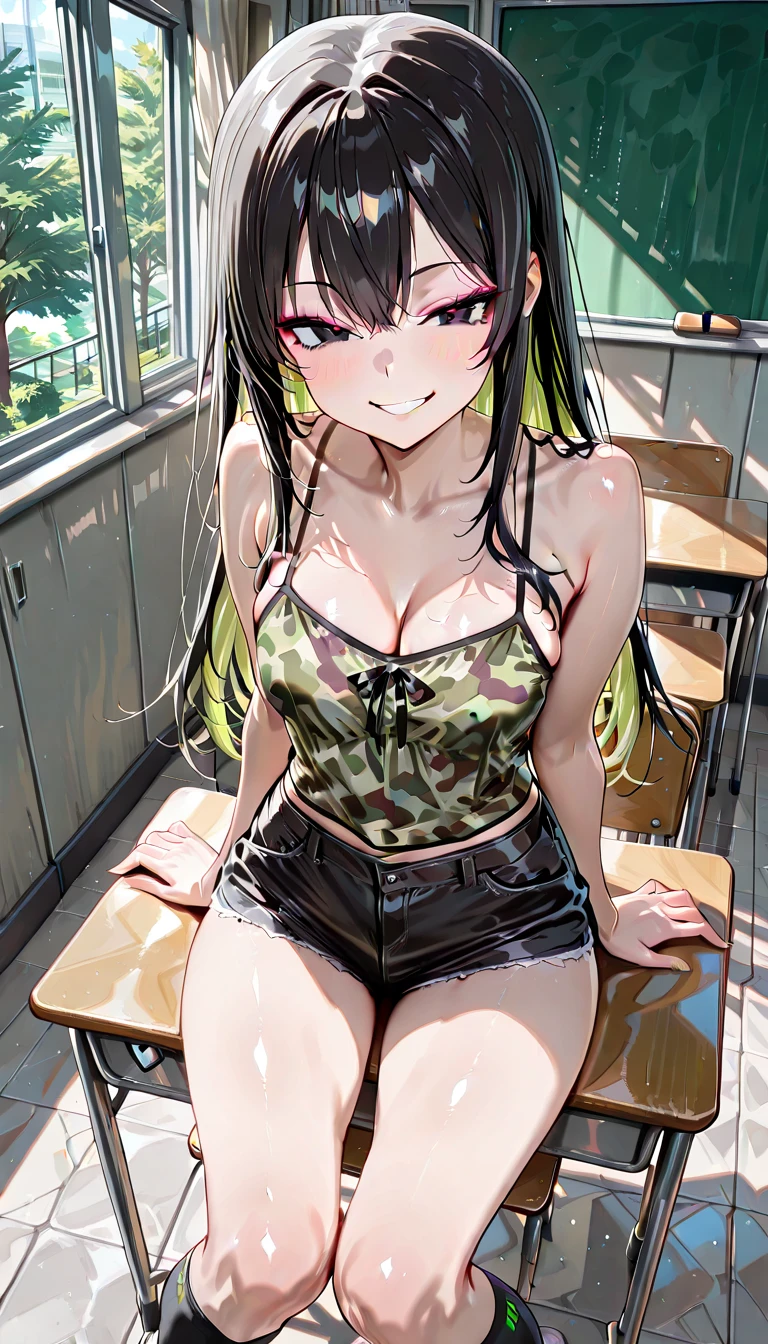 Teenage Eight-pack abs Horsetail Leg muscles Summer school uniform Shorts Blushing Skinny Small breasts Brunette Red eyes Upper body