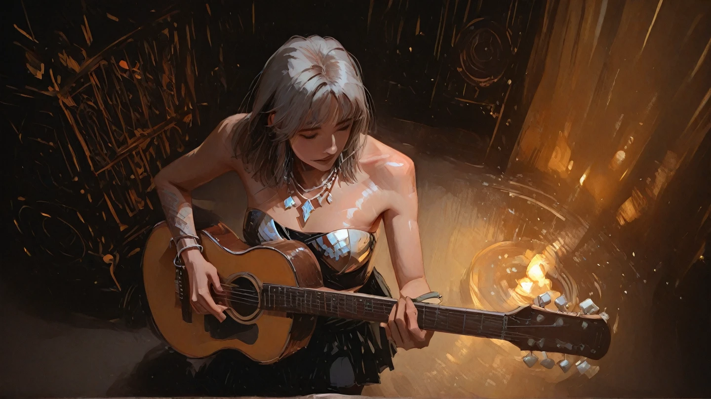 a woman with horns playing a guitar in a room with candles, artwork in the style of guweiz, artgerm and atey ghailan, guweiz, guweiz masterpiece, guweiz on pixiv artstation, ross tran 8 k, guweiz on artstation pixiv, by Ross Tran, Smiling, Curly hair