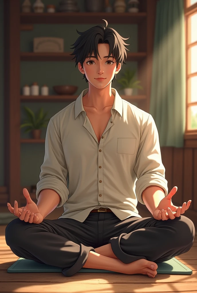 Meditating Man,Relieve worries,Meditate,Seek,Boredom,No desire,full body,frontal view