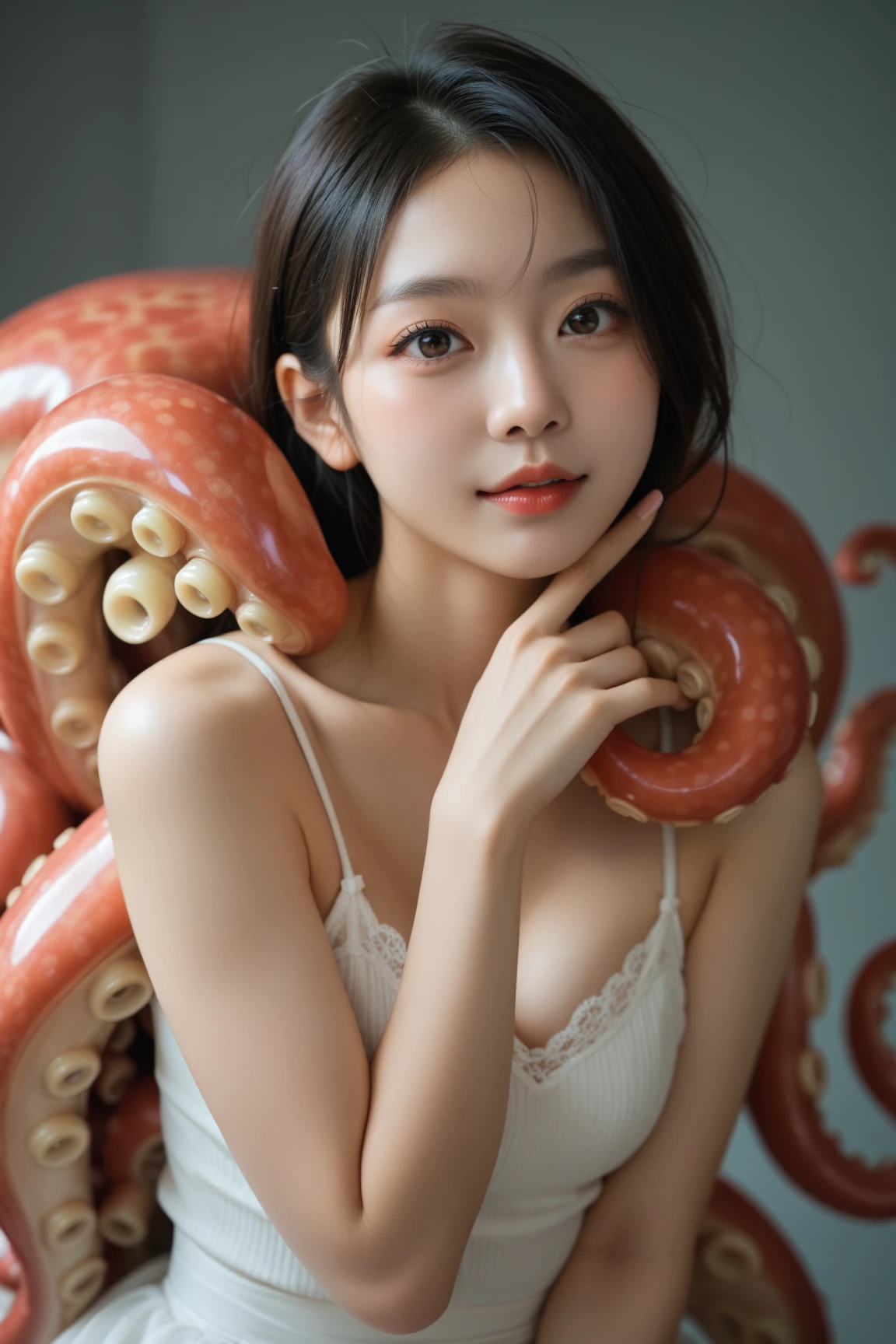 smile,((NSFW)),(camel toe),(best quality:1.2), Female dog,(female organ:1.1),8K, Raw photo, (brown eyes :1.1), Full body Esbian,Beautiful sexual woman, best quality, Raw photo, incredibly stupid,Pretty face, face light, dynamic lighting, cinematic lighting, best details, very detailed, Super detailed, fine details, very detailedな目と顔、ponytail、baggy sweater、choker、((being raped by tentacles:1.3))