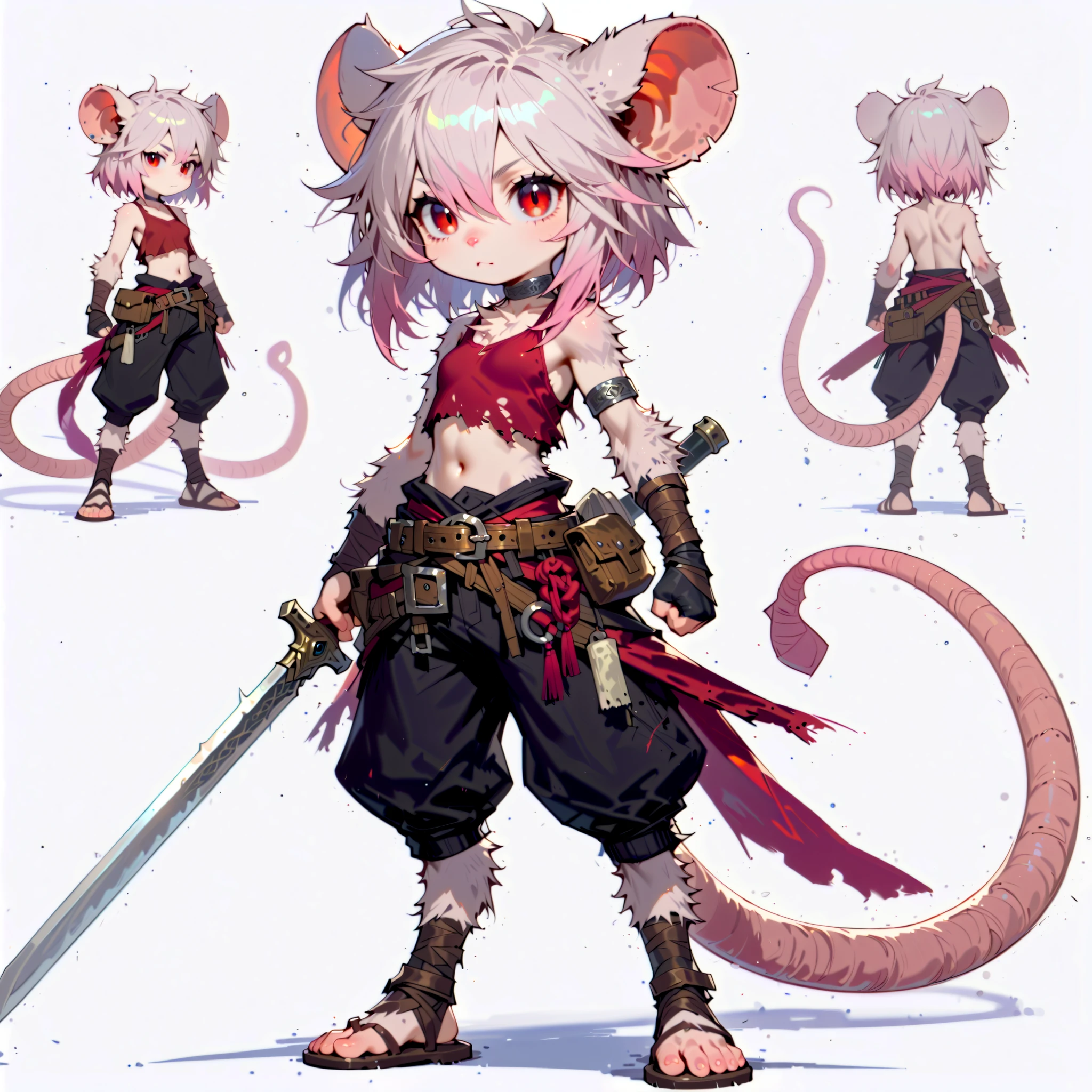 (((masterpiece))), (((Best Quality))), ((Ultra-detailed)), (anime Illustration), ((extremely delicate and beautiful)),solo, Full body, fantasy albino wererat girl, Fluffy Fur, furry, short pale pink hair, red eyes, rat head, rat ear, rat tail, ((ragged red tank top and black short pants, sandals, Resilient, sporty and boyish)), (folded arm) (she carries a belted sword on her back mount),(small figure) (shorty), full body standing, Whole body, (((white background)))