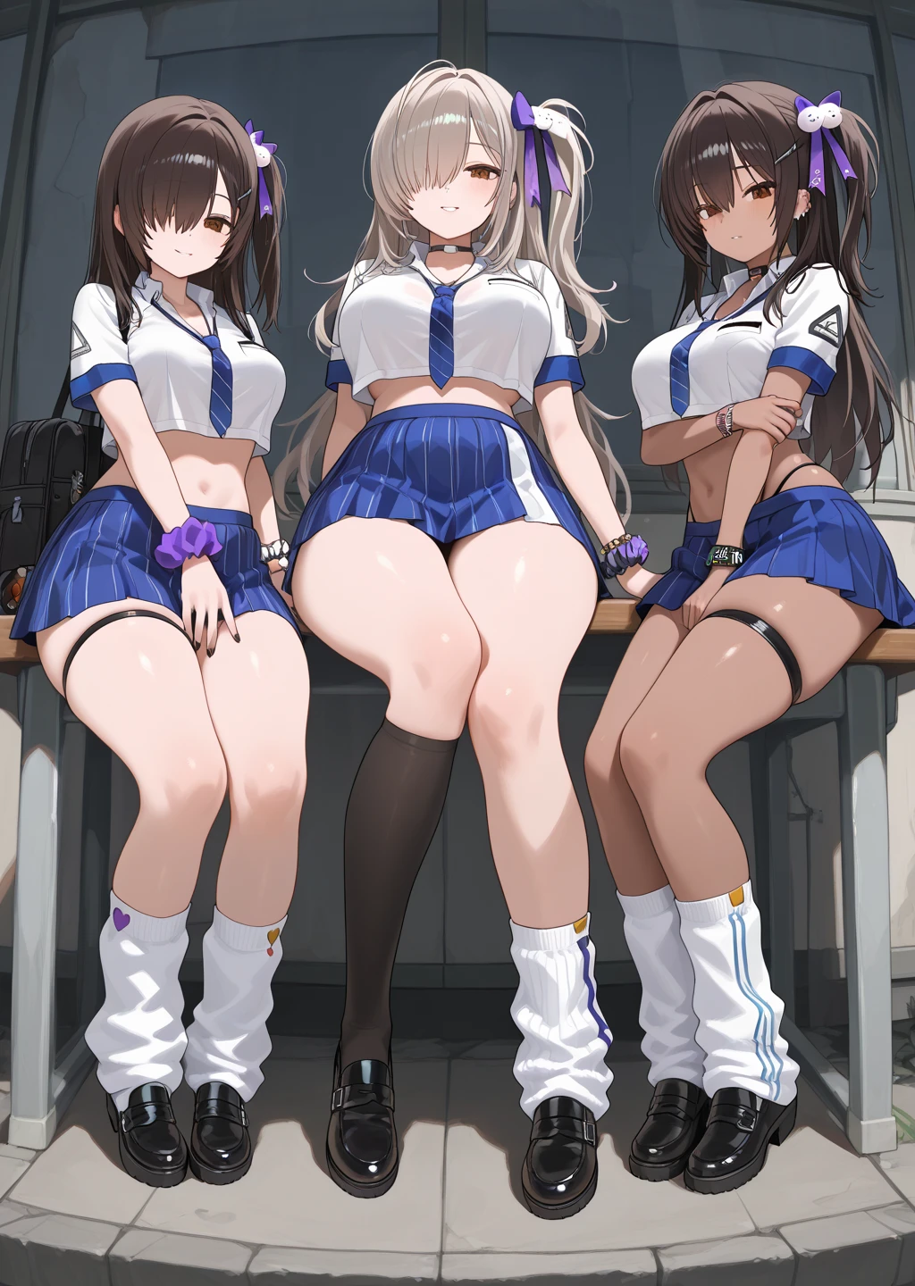 Texture CG, ((Ultra Detail Art)), ((master piece)), (extremely details CG),Multiple girls,3girls,harem,standing,nsfw, school gals ,school gyaru ,((((school unifrom))),skirt ,(((pleated mini skirt)))), white shirt, school bag, bag , beautiful legs,from behind,(from below:1.5), wind lift,((string panties),(white sexy panties)),clitpussy1,pussy juice, wet panties, long hair, blonde hair, brown hair, pink hair, silver hair, Curve, Beautiful detailed eyes , gleaming skin, bracelet, ,hair ornament, hairclip, jewelry, open mouth ,light smile, embarrassed:1.4,outsides ,clear sky, in summer ,windy ,garden,