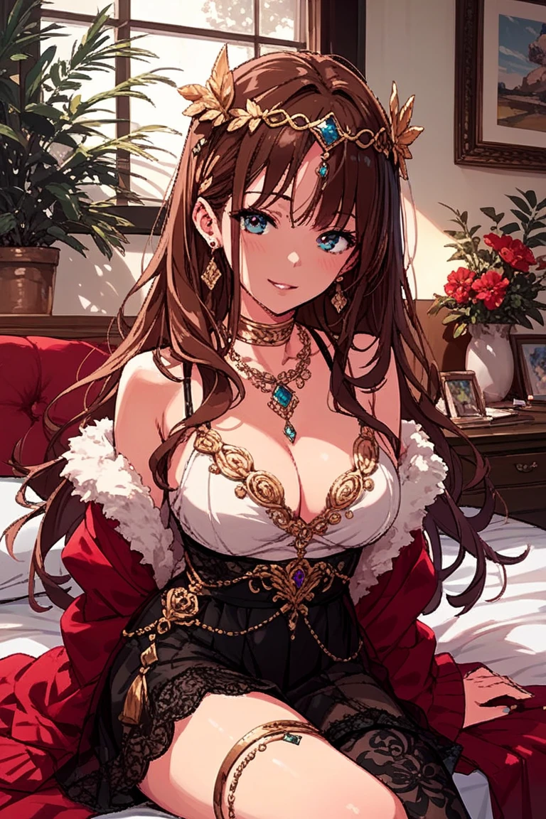 (highest quality:1.3), (half naked:1.3),JK,High resolution, Super detailed, Highly detailed CG Unity 8K wallpaper, realistic, photo-realistic, Raw photo, Beautiful and dense face, white skin, realistic glistening skin, fine fabric texture, detailed hair texture, perfect body, beautiful features, Accurate, anatomically correct, Highly detailed face and skin texture, one girl, cute, brown hair, ((curly hair, crimson eyes: 1. 2)), ((droopy eyes:1.3))shiny, silky hair, thick bangs, (Smile: 1. 2)), Princess in a beautiful dress、A majestic stone palace、gem、decoration、tiara、(making a seductive pose on bed:1.5)