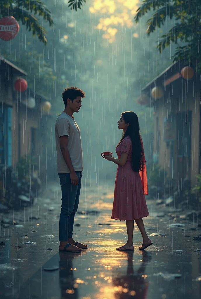 A boy wearing cargo Indian girl in black saree. The boy is holding a umbrella for her in rain..give photo from back side view
