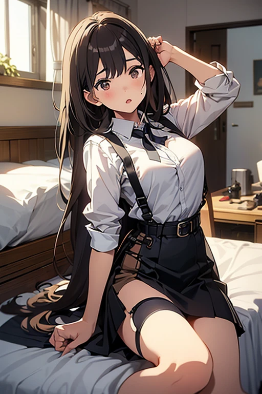 Italian girl, 25 years old, very long loose brown hair, busty, wearing a small unbuttoned shirt, wearing a black pleated miniskirt, a black lace bra, hair covering her breasts, bare feet, bedroom