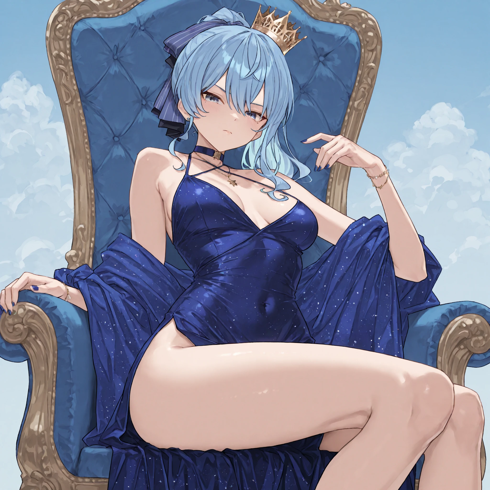 perfect lighting,HDR, ultra resolution , very detailed, masterpiece, ultra quality, 4K HD,st Louis, sitting on throne,crossed legs, looking at viewer,look from below