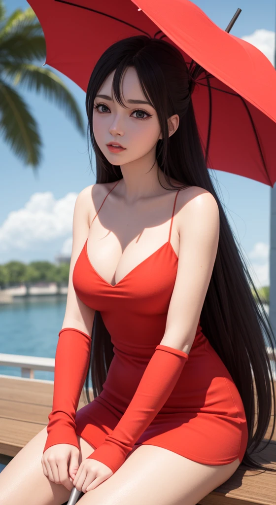 (A hyper-realistic), (illustratio), (hight resolution), (8K), (ighly detailed), (The best illustrations), (beatiful detailed eyes), (top-quality), (ultra-detailliert), (​masterpiece), (detailed face), droopy eyes,full of sweat, full body, whole body, long hair, Girl in red dress, smile, smiling, huge tits, big breast, slim body, abs, ocean at night, moonlight