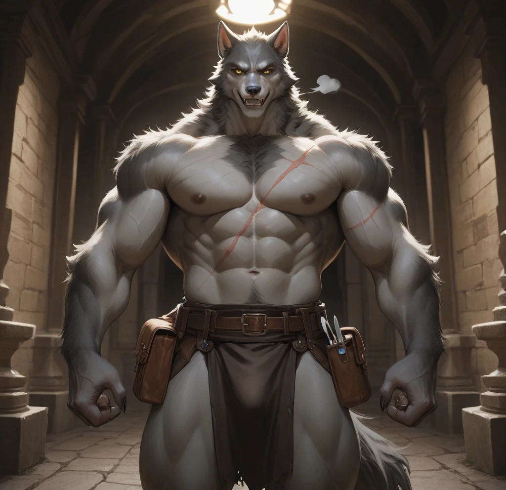 A highly detailed, muscular anthropo wolf male, wearing a barbarian outfit and wielding a giant axe, barebody, Big and low naked balls, the big excited and cumming penis comes out like a shot and white goo runs down the top of the penis head with huge knot erection with knot, covered in sweat, powerful barbarian warrior, hyper realist, 8k, photorrealistic, cinematic lighting, swirly vibrant colors, details Intricate, work of art