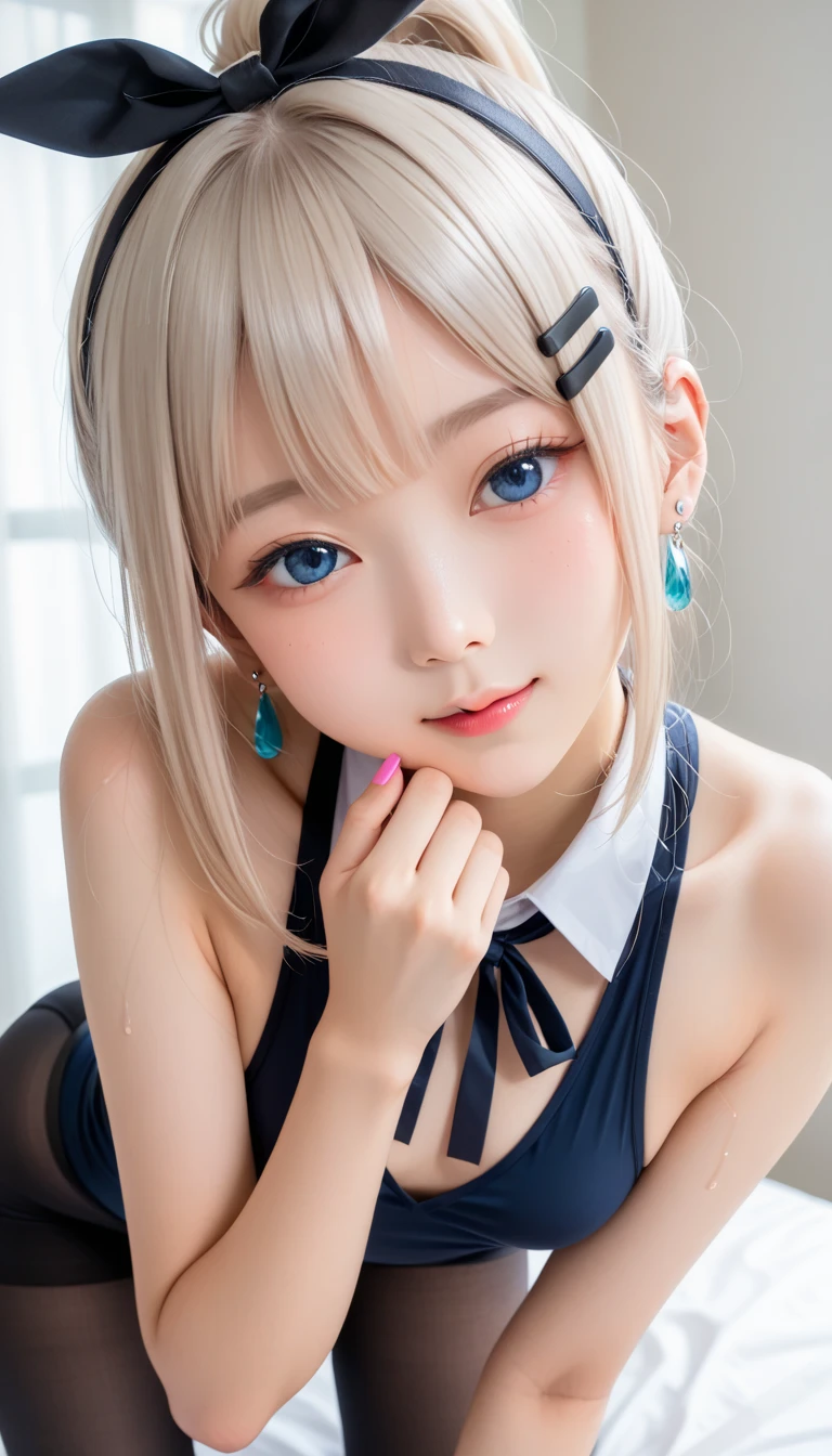 Menina com cabelo branco e olhos azuis em um quarto, uma camisa branca com uma estampa xadrez azul, a bright blue bow