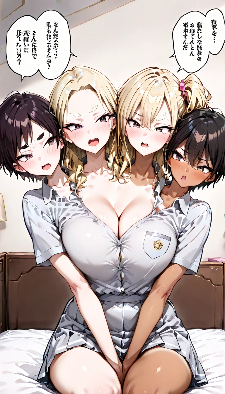 three sexy women in kindergarten teacher outfits, flirtatious smiles, on bed, closed eyes, opened mouths moaning, close up faces portrait