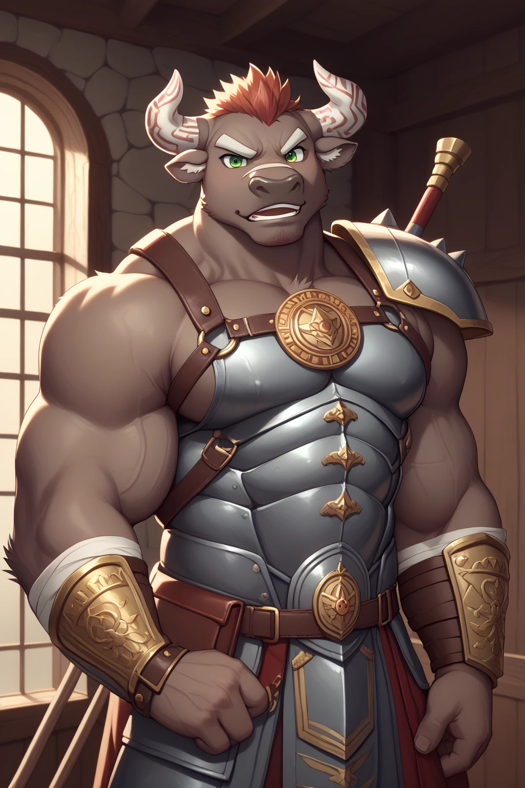 Sharp focus, masterpiece, 8k, intricate artwork, hyper detailed, high detail, best quality, perfect colors, perfect shadows, perfect lighting, posted on e621, furry body, (portrait shot, front view), posted on e621, furry body, solo, anthro bull, (massive strongman, beefy bodybuilder, buff, abs, veiny biceps, manly, brutal, masculine:1.3), (short full grey beard:1.6), (monotone brown fur, nails on hands:1.3), (curved big bovine horns), middle-aged, mature, male, correct anatomy, (photorealistic fur, detailed hairs, epic, masterpiece:1.2), (by Taran Fiddler, by Rukis, Bonifasko lighting), (by Chunie:0.9), detailed bull eyes, detailed bulge, ((castle interior, royal bedroom, bed, furniture, candles, night)), (gold loincloth:1.4)