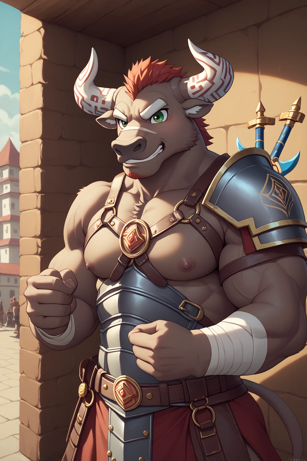 Solo, male, alligator, long snout, sharp teeth, fangs, thick face, wide face, broad shoulders, muscular, buff, strong, tall, giant, massive, enormous, gigantic, big biceps, big pecs, brown body, brown skin, yellow eyes, detailed crotch, big bulge, (((detailed bulge, genitals outline, outline of genitals))), by darkgem, by mystikfox61, by chunie, by Vader-san, standing on a bridge in front of a small fantasy town with cobblestone buildings, steel plate armor, leather pauldron, holding greatsword, loincloth, medieval leather boots