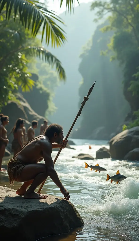 Young man fishing in the jungle with Indians