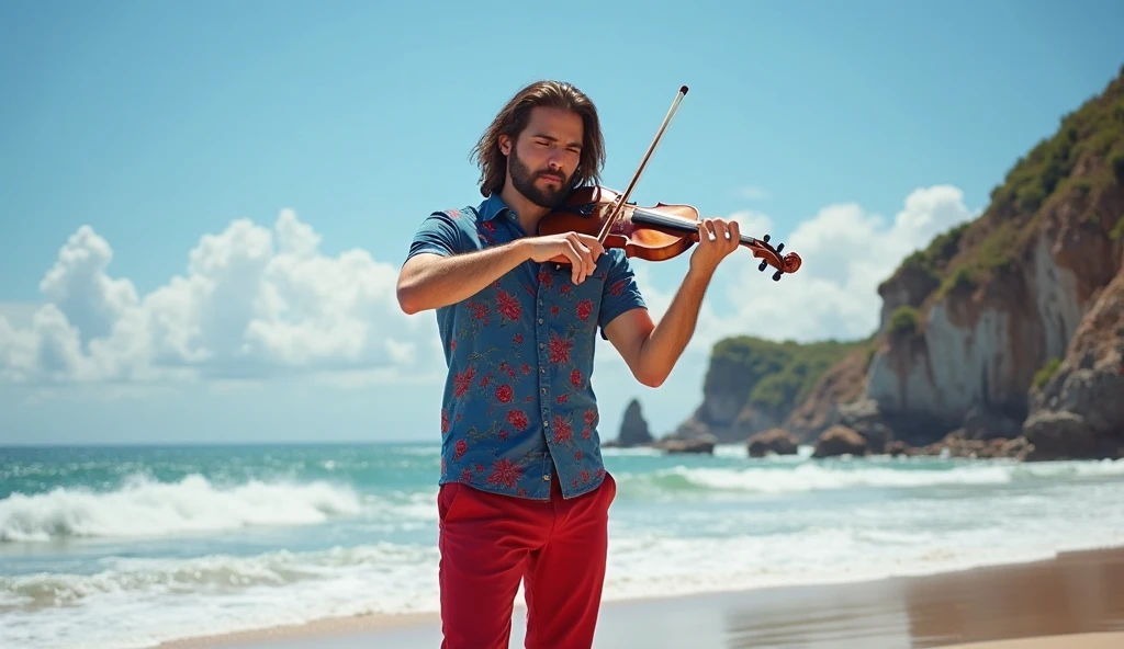 photorealistic ((a young man in Roberto Ferri style, fullcolor, Latino, slim toned fitness body, defined muscles, perfect anatomy, short black wavy hair, Roman nose, thin lips, square chin, diamond shaped face, barefoot, shirtless, wearing orange and green shorts, standing playing the violin) (fernando botero painting style background, you can see Cartagena port in Colombia ), evokes masculine beauty and art. ((1 man homoerotic photoshot posing )) ((the most sexy, seductive, lusty face gaze ever seen)) ((the most sexy, seductive, lusty smile ever seen)) 8k resolution, full body, handsome, splendid naked, thin and ripped body, detailed realistic muscles, 20 years old. full body, male model. black hair, green eyes, male gaze. handsome. bodybuilder romanticism, symbols and metaphors. Beautiful details, quirky, distinctive images, stylistically diverse painting, Intricate detailsfull body, Pencil Sketches by Albert Eckhout enchanting young man, highly detailed beautyfull face, freedom, soul, digital illustration, approaching perfection , dynamic, highly detailed, watercolor painting, artstation, concept art, smooth, sharp focus, illustration in the style of artists like Russ Mills, Sakimichan, Wlop, Loish, Artgerm, Darek Zabrocki, and Jean-Baptiste Mong ((images that reflect the strength and masculinity of male models, seductive, sensual, sexy, lusty)) (homoerotism_fullbody_nsfw_seductive) Energy intense vibrant dark colors palette becoming the subject composition,

