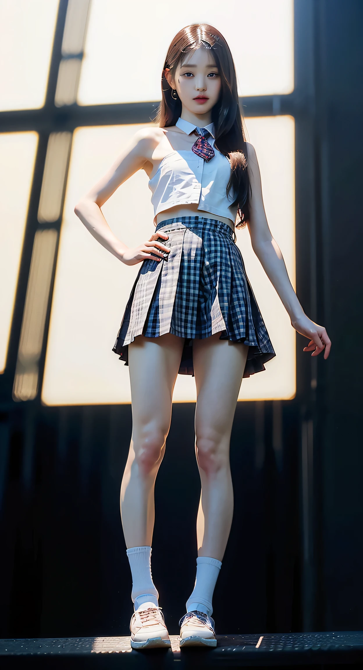 (8k、RAW Photos、Highest quality、masterpiece:1.2)、(Realistic、Realistic)、1 person、((Check mini skirt、ponytail、garden、Breast enlargement、boots、Thin legs、whole body、View from the front、Looking into the camera、Stand with hands on hips))、cute