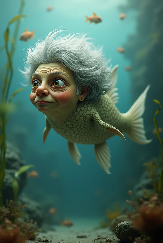 Caricature: A whimsical and artistic depiction of a very elderly 50 year old mermaid lying on a rock in the ocean. Very big tits. She is smiling broadly. The mermaid has long hair that flutters in the breeze. The mermaid is positioned as if she is lying 3/4, belly down on the rock-rock. The scene takes place against a beautiful blue sky. The mermaid is surrounded by various elements, pebbles, seaweed, strong and large splashes from the waves. Disney Pixar cartoon style. Blurred background. Light haze.