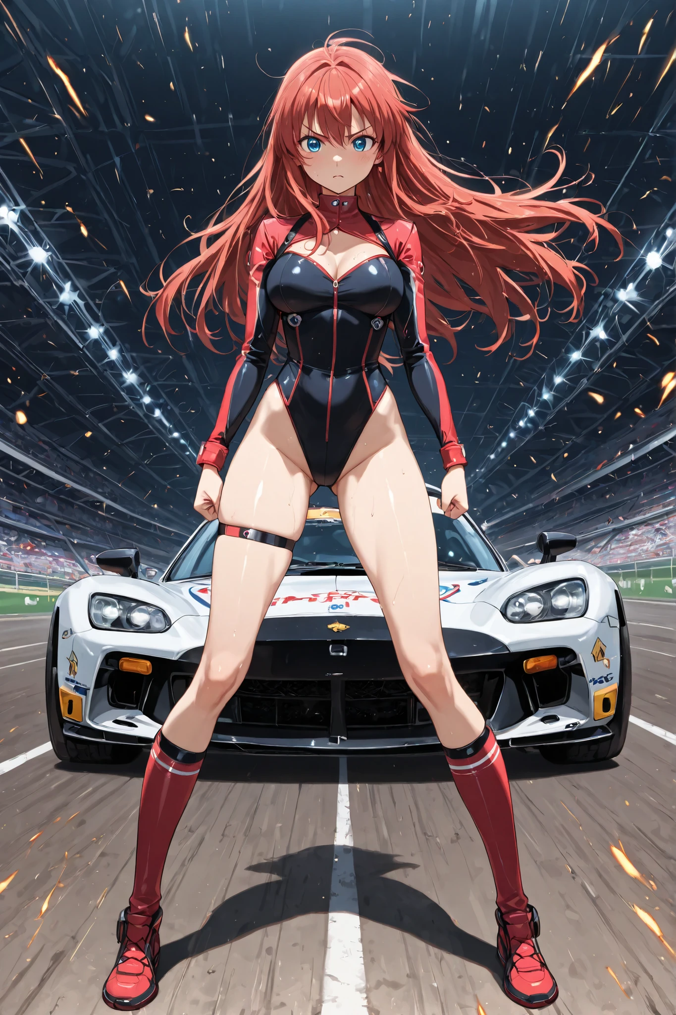 A woman wearing a race queen costume with white and red colors, orange red hair, orange eyes, purple eyes, big breasts, leather boots, next to a white race car with red details, standing, on the race track, perfect car. UHD , prime work , accurate , anatomically correct , textured skin , super details , high quality , best quality, 8k, high resolution, bokeh effect. (woman alone),